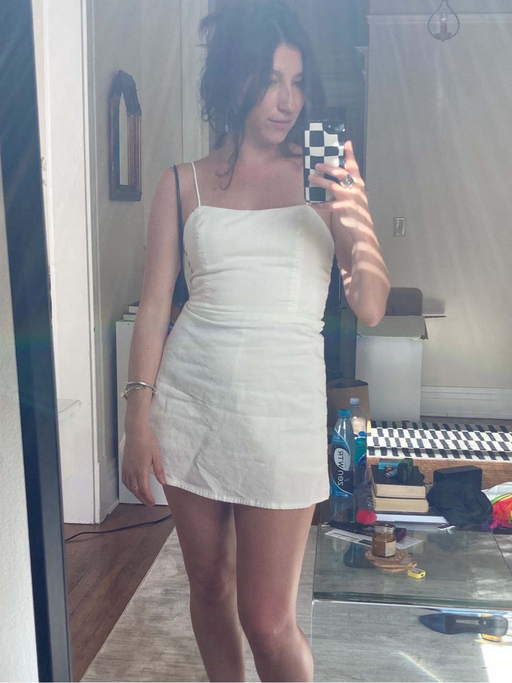 Zara White Linen Blend Fit & Flare Mini Dress | Smocked Back | Size S
